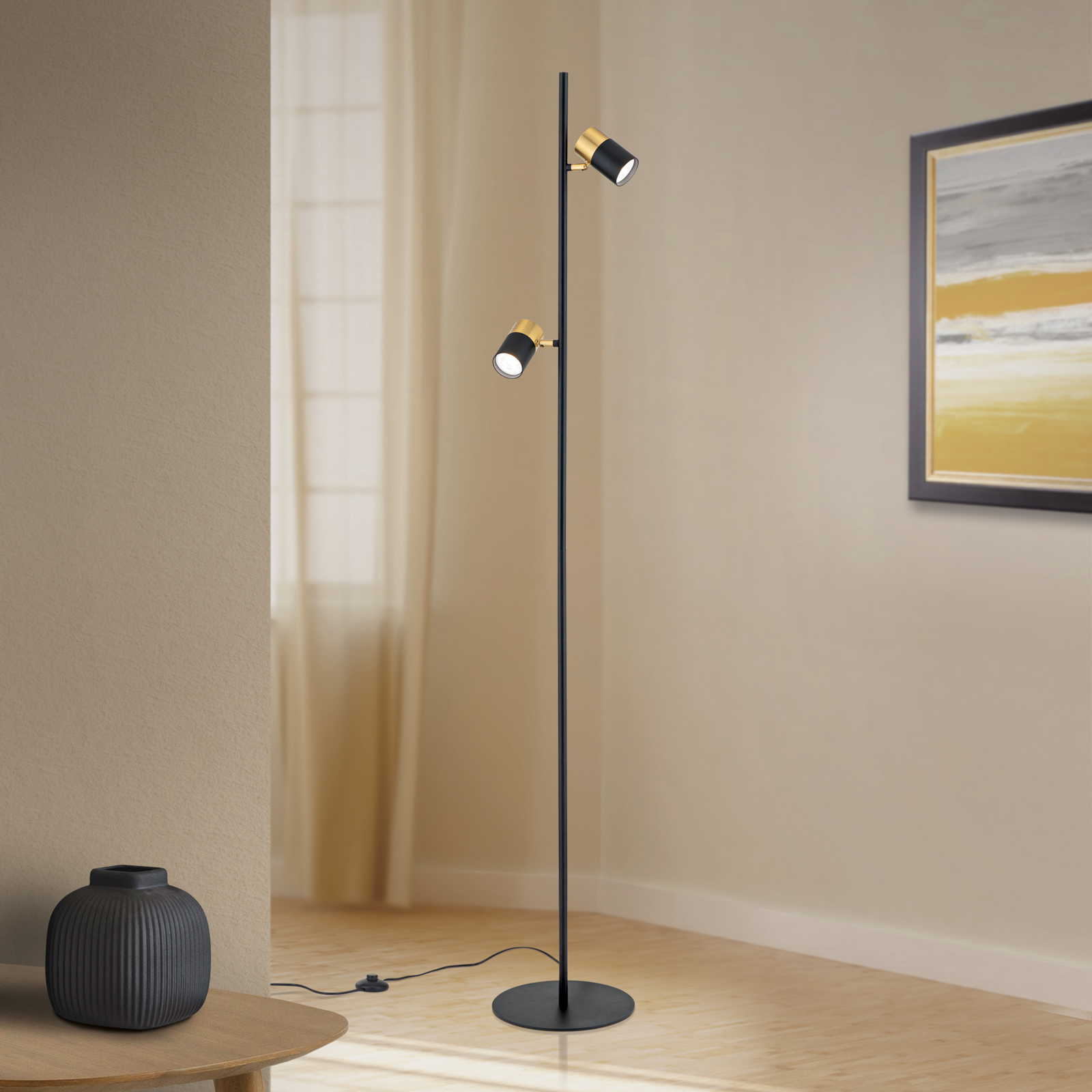 Floor lamp KEVIN, black-gold, two swivel lamp heads